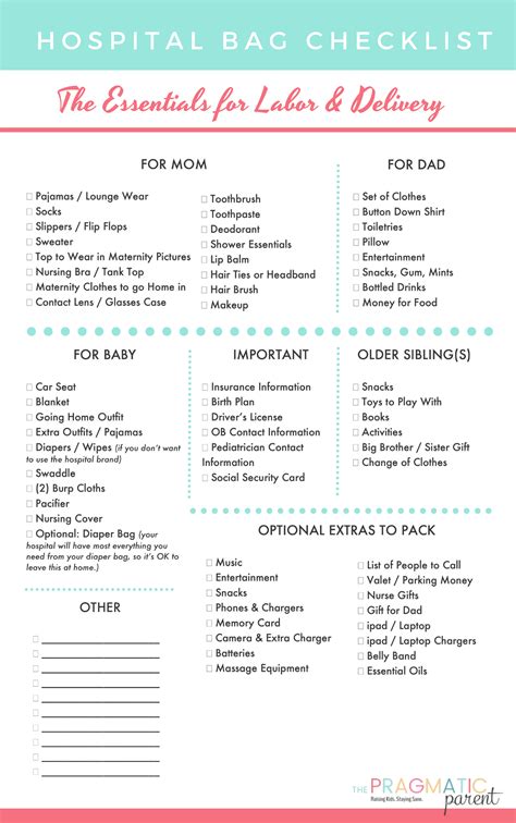 Hospital Bag For Labor And Delivery Checklist Printable